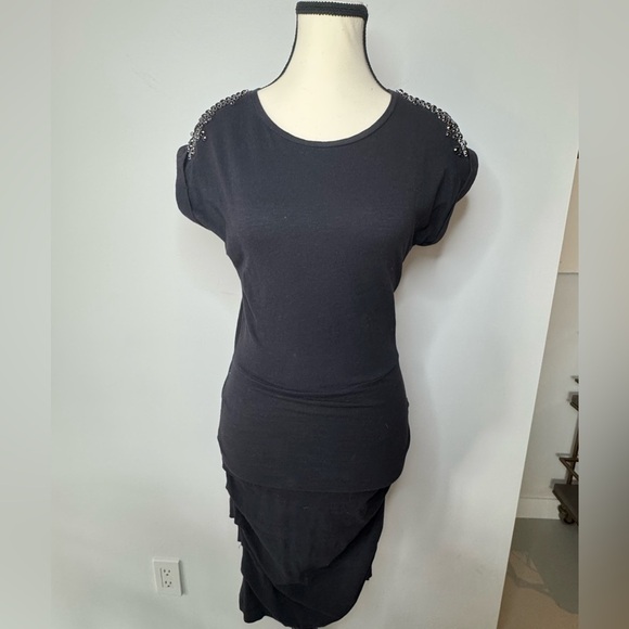 Maje Black Jersey Dress – Embellished Shoulders, Size 1 - Picture 3 of 12